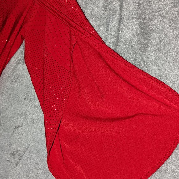 Calvin Klein red sequin scoop neck split bell sleeve red belted dress - Picture 6 of 16